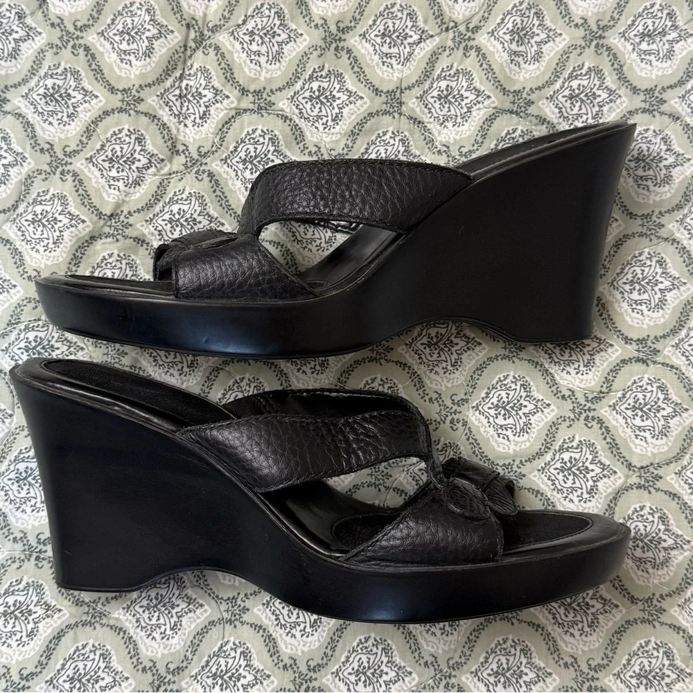 Nine West Women's Black Wedge Heels‎ Strappy Leather Women’s Size 7.5 Vintage